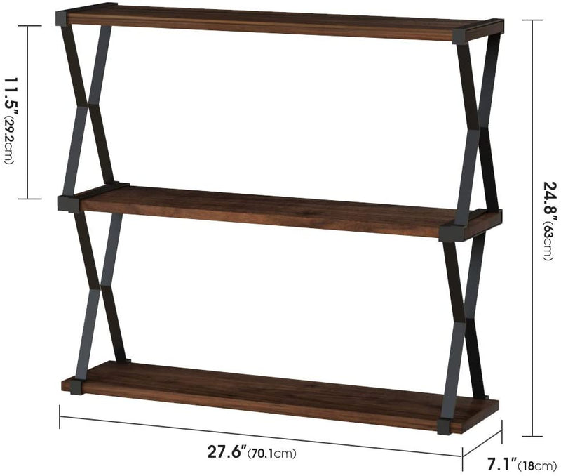 3 Tier Wood Floating Shelves with Zigzag Metal Brackets