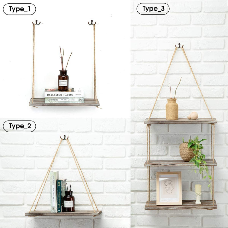 Set of 3 Rustic Wood Rope Hanging Shelves