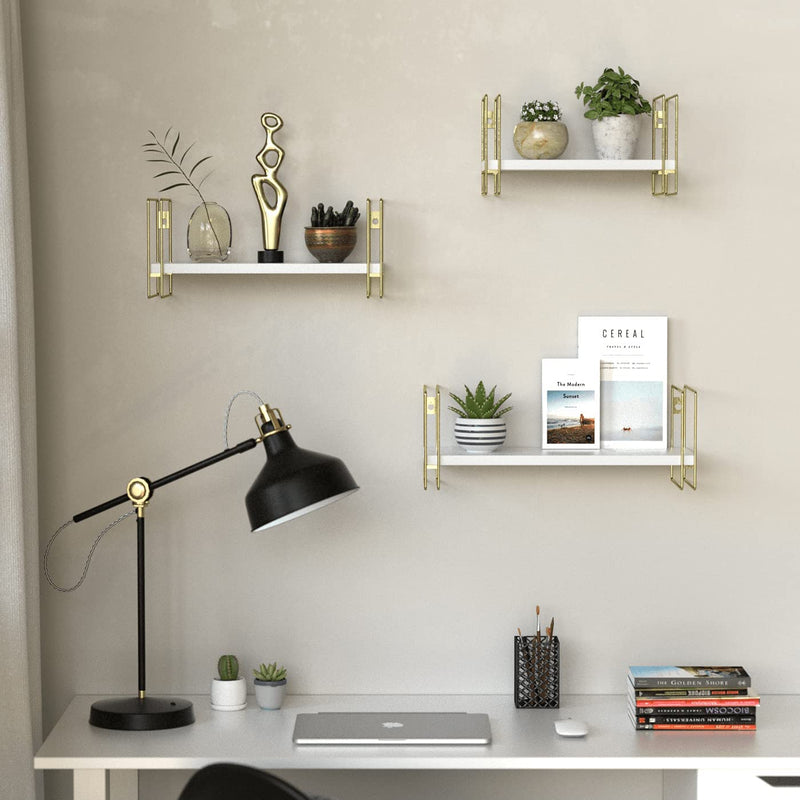 Set of 3 Gold Wall Wire White Floating Shelves