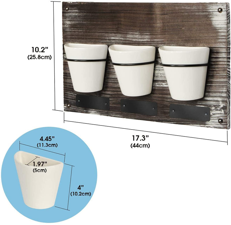 Rustic Wood Wall Mount White Ceramic Planters with Chalk Label (3 Ceramic Plant Pots)