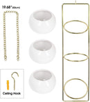 3 Hanging White Ceramic Plant Pot with Gold Metal Hanger