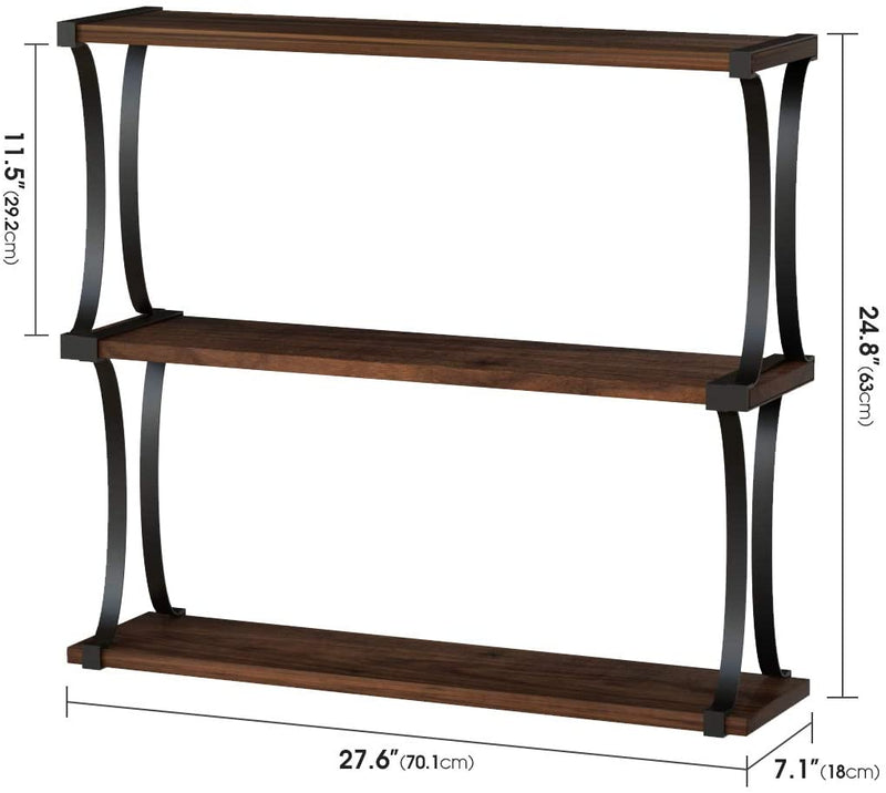 3 Tier Wood Floating Shelves with Curved Metal Brackets