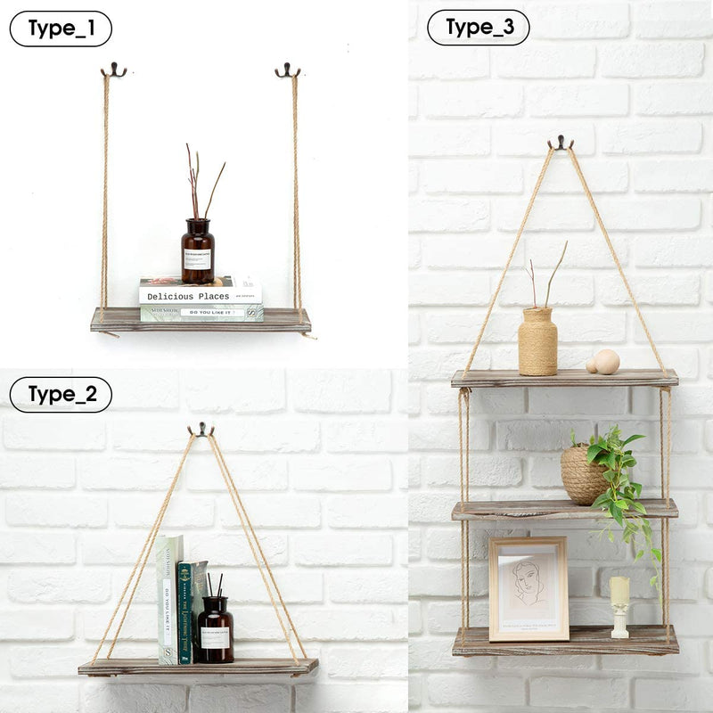 Set of 2 Rustic Wood Rope Hanging Shelves