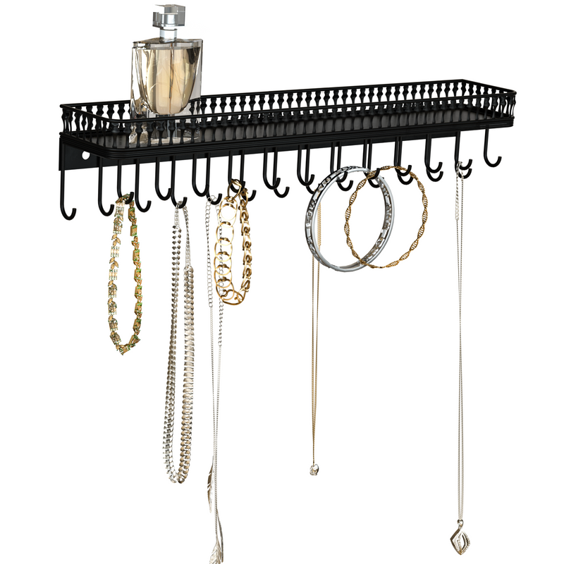 Black metal Jewelry Hanger with Shelf & 25 Hooks