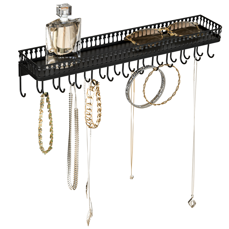 Black metal Jewelry Hanger with Shelf & 25 Hooks