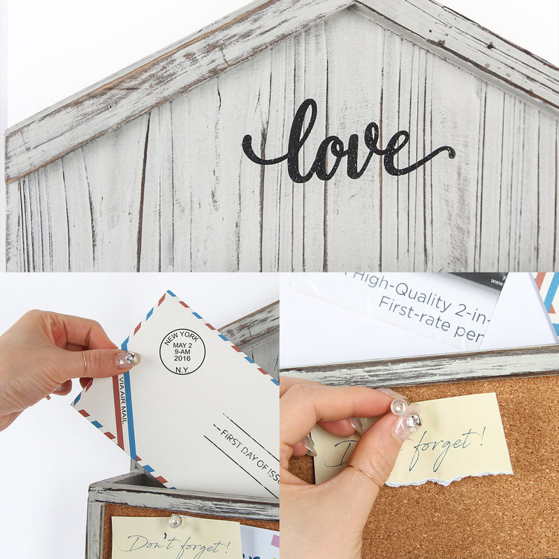 Rustic White Wash Mail and Key Holder with 4 Hooks & Corkboard
