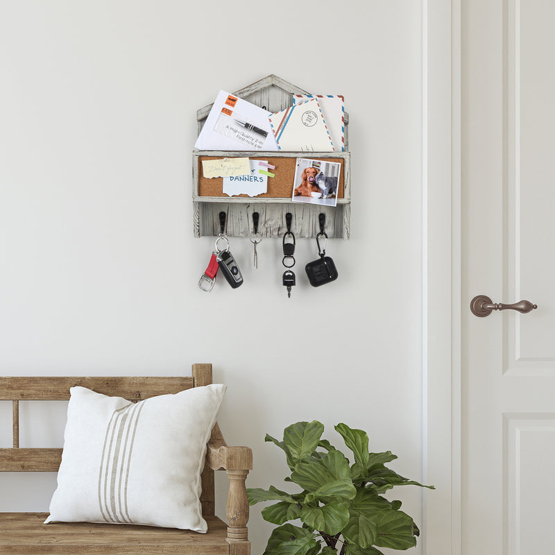 Rustic White Wash Mail and Key Holder with 4 Hooks & Corkboard