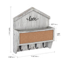 Rustic White Wash Mail and Key Holder with 4 Hooks & Corkboard
