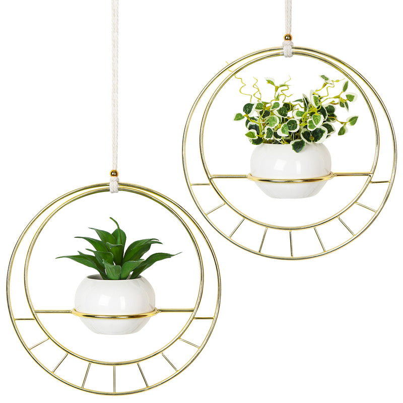 gold plant hanger Set of 2 Gold Metal Hanging Planter with Ceramic Pots – J JACKCUBE DESIGN