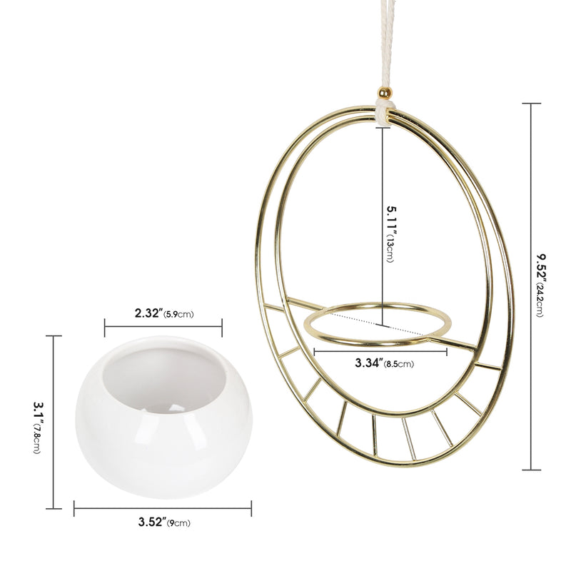 Set of 2 Gold Metal Hanging Planter with Ceramic Pots