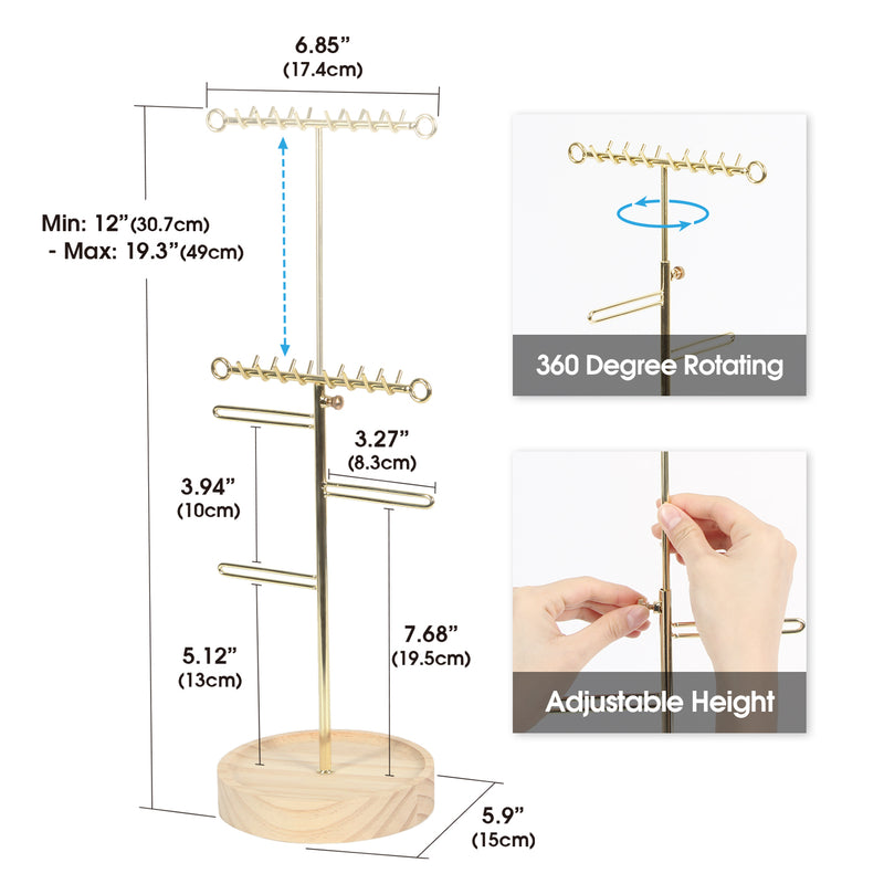 Adjustable Gold Jewelry Tree Stand with Round Wooden Tray