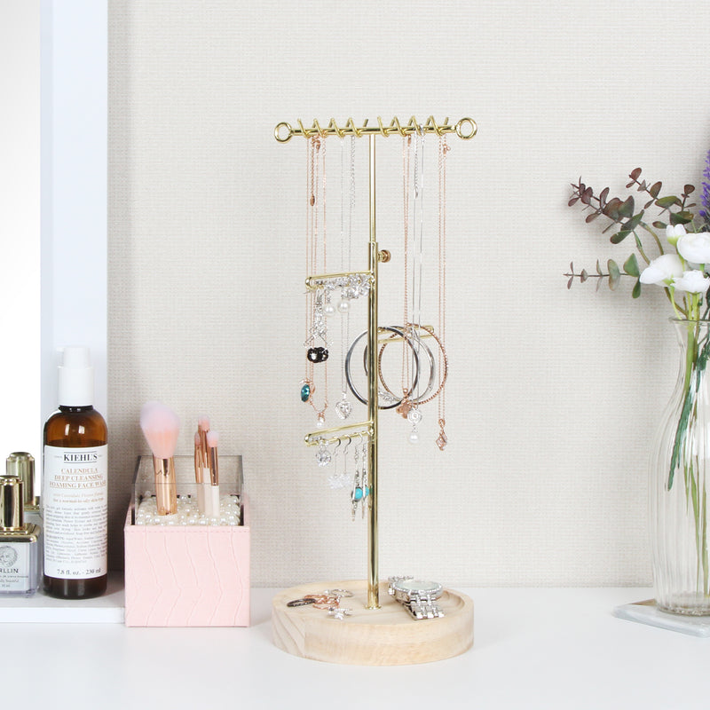 Adjustable Gold Jewelry Tree Stand with Round Wooden Tray