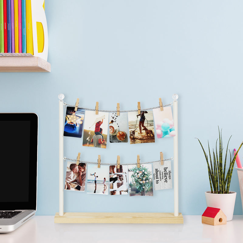 Wooden Photo Display Desk Stand with Metal Chain and 10 Clips