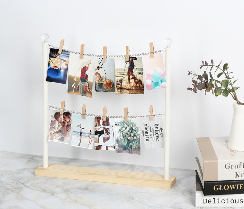 Wooden Photo Display Desk Stand with Metal Chain and 10 Clips