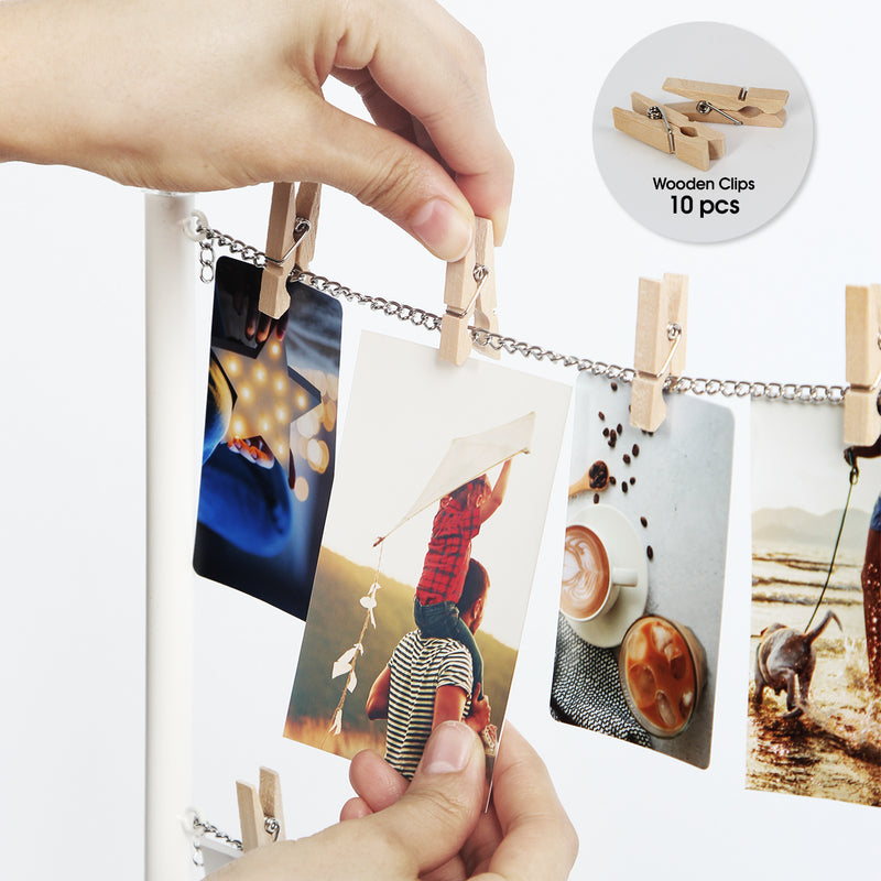 Wooden Photo Display Desk Stand with Metal Chain and 10 Clips