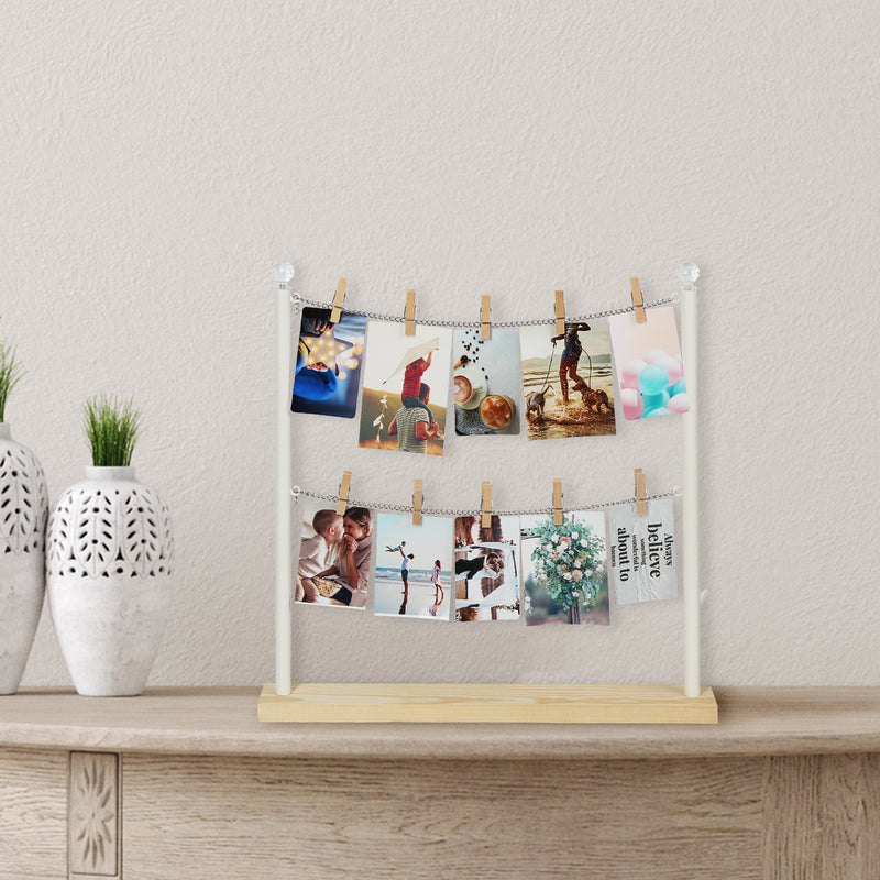 Wooden Photo Display Desk Stand with Metal Chain and 10 Clips