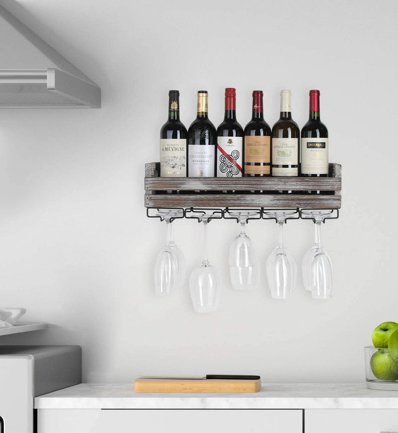 Wall Mount Metal and Wood Wine Bottle Rack with 5 Glass Holder
