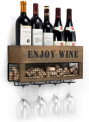 Wall Mount Metal and Wood Wine Bottle Rack with 4 Glass Holder