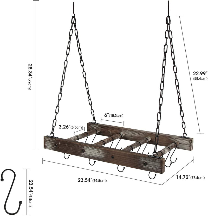 Rustic Wood Pot Pan Ceiling Rack with 16 Hooks