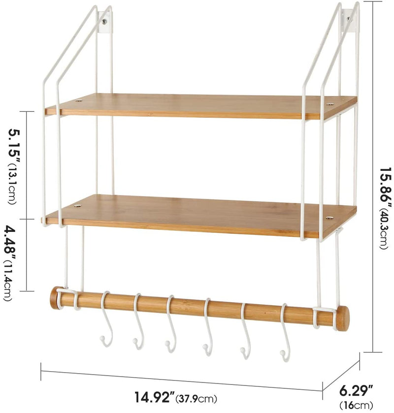 2 Tier Bathroom Floating Shelf Storage Rack with 6 Hooks & Towel Bar