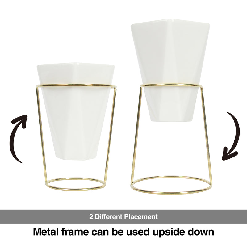 Set of 2 White Modern Taletop Gold Metal Ceramic Plant Vase Stand