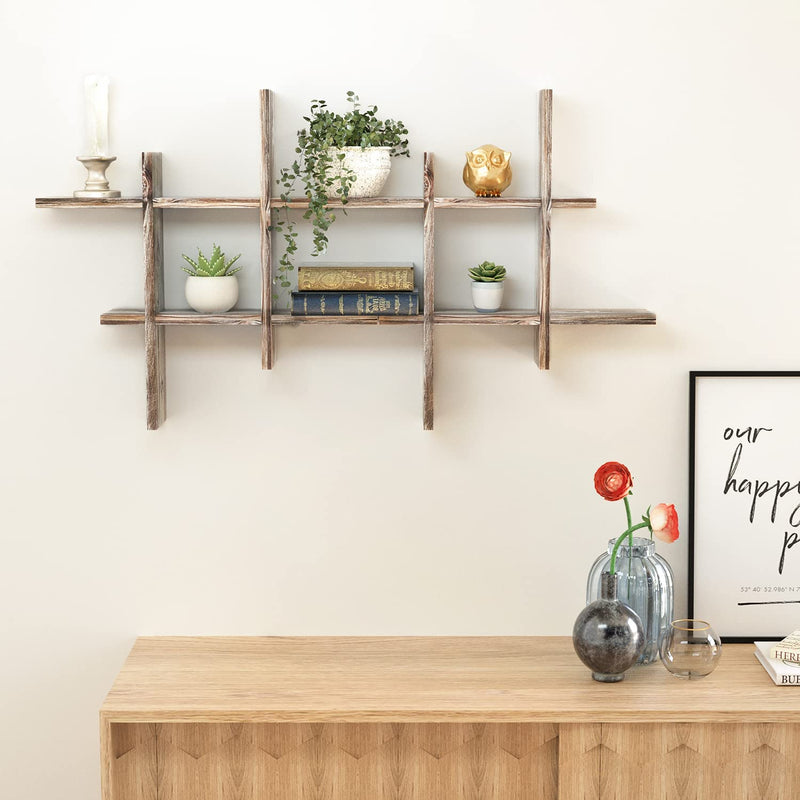 Set of 2 Cube Grid Rustic Wall Mount Shelves (6 Compartments)