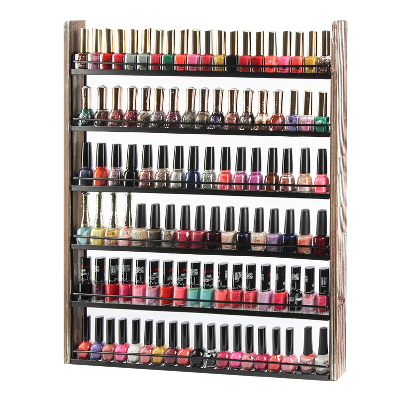 6 Tier Rustic Wood Nail Polish Holder with Guard (Holds 100 Bottles)