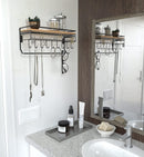 Hanging Jewelry Organizer with 9 Hooks and Bamboo Wood Shelf (Black Metal)