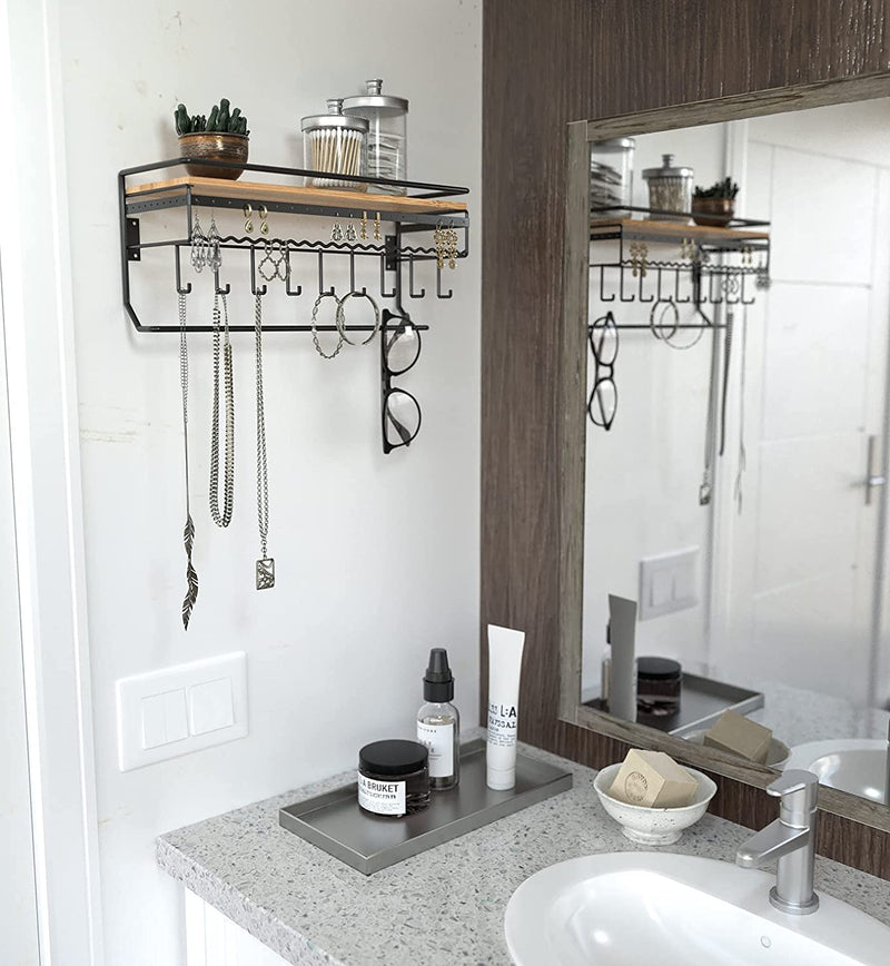 Hanging Jewelry Organizer with 9 Hooks and Bamboo Wood Shelf (Black Metal)