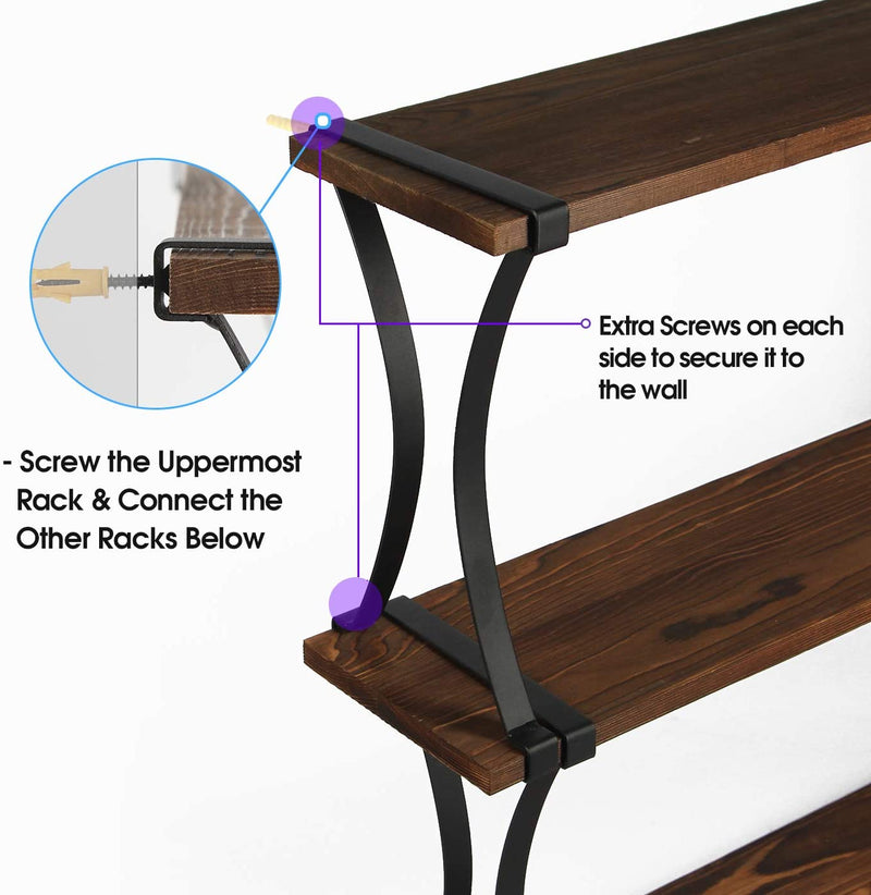 3 Tier Wood Floating Shelves with Curved Metal Brackets