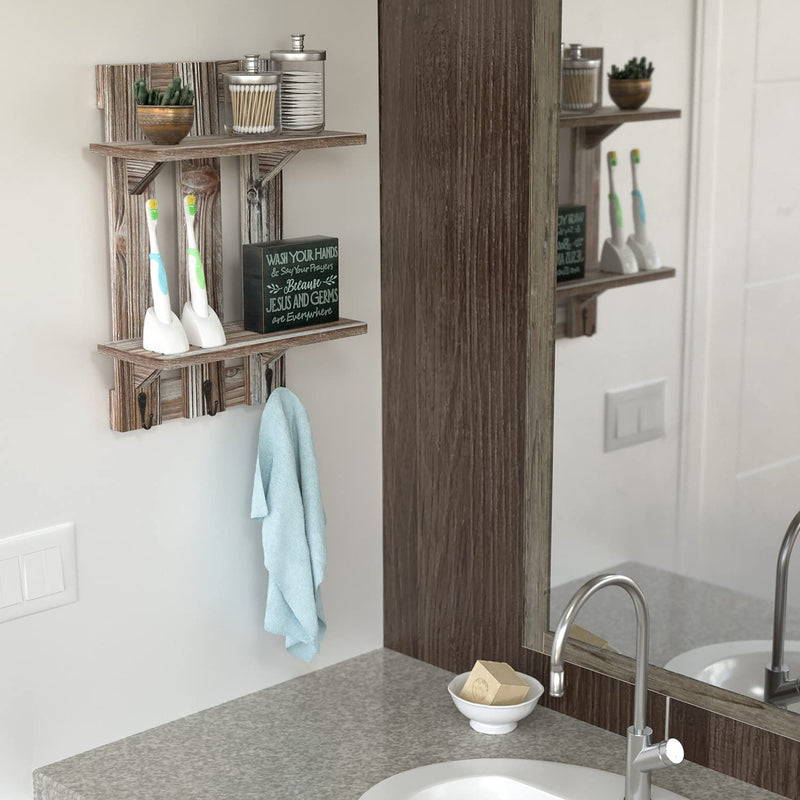 2-Tier Rustic Bathroom Shelves with Towel Bar Wall Mounted Wood