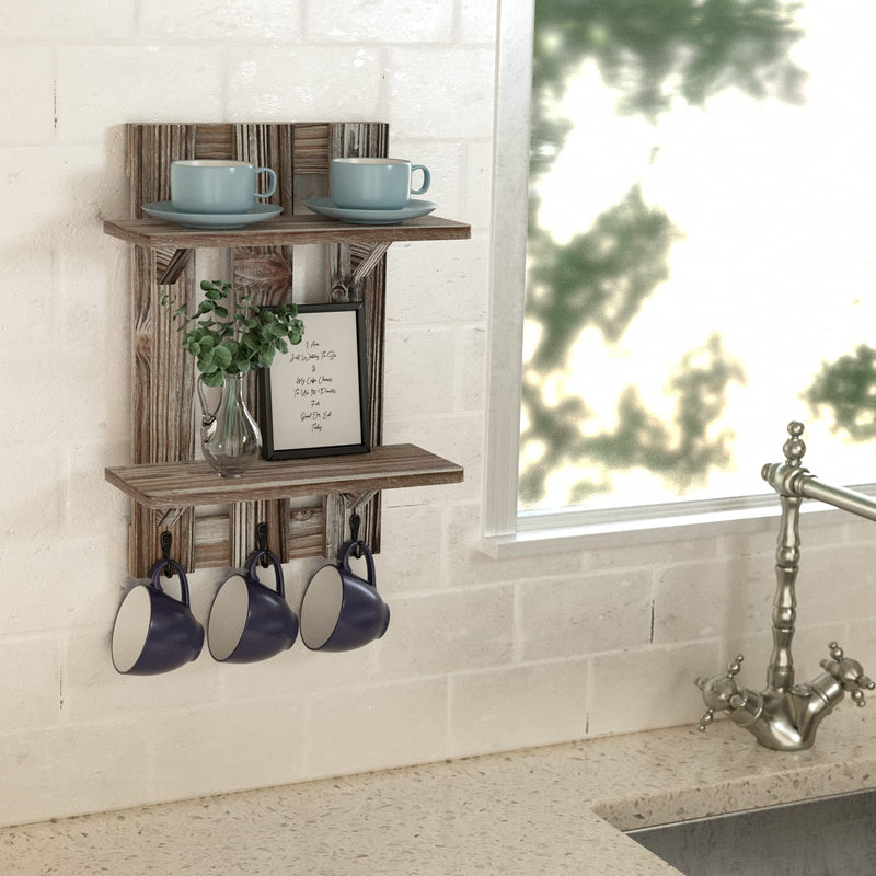 2 Tier Wood Floating Pallet Shelves with 3 Hooks