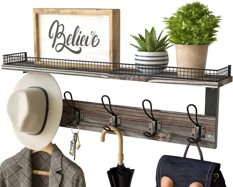 Rustic Coat Rack Wall Mounted Shelf with 5 Hooks