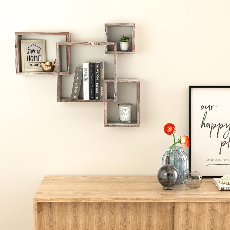 Rustic Wood 4 Cubes Floating Intersecting Wall Shelves