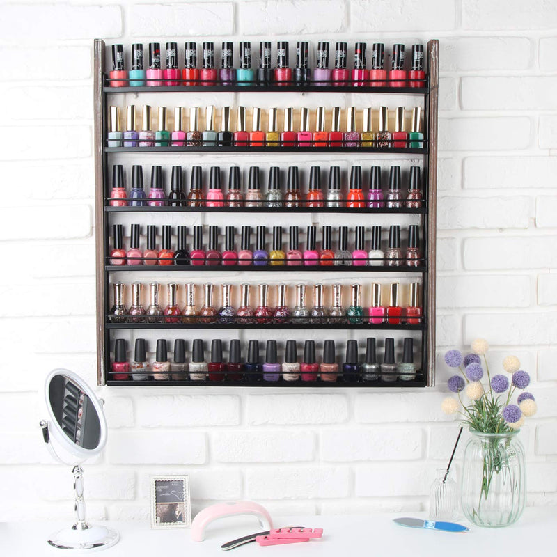 6 Tier Rustic Wood Nail Polish Holder with Guard (Holds 100 Bottles)