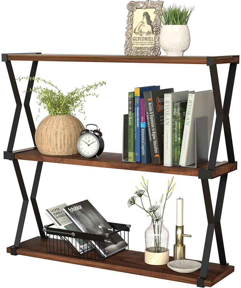 3 Tier Wood Floating Shelves with Zigzag Metal Brackets