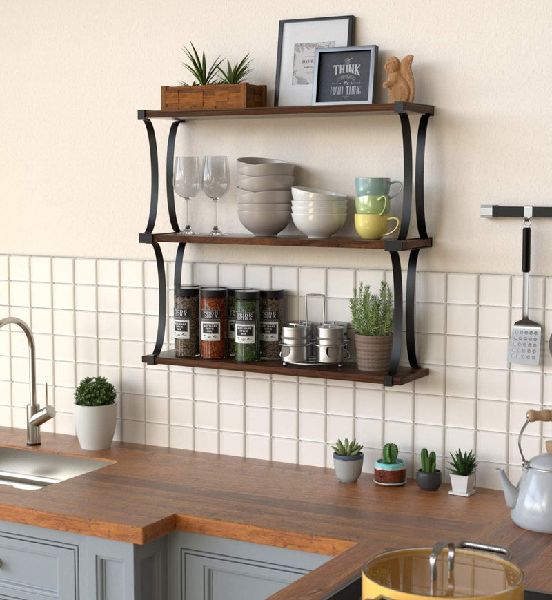 3 Tier Wood Floating Shelves with Curved Metal Brackets