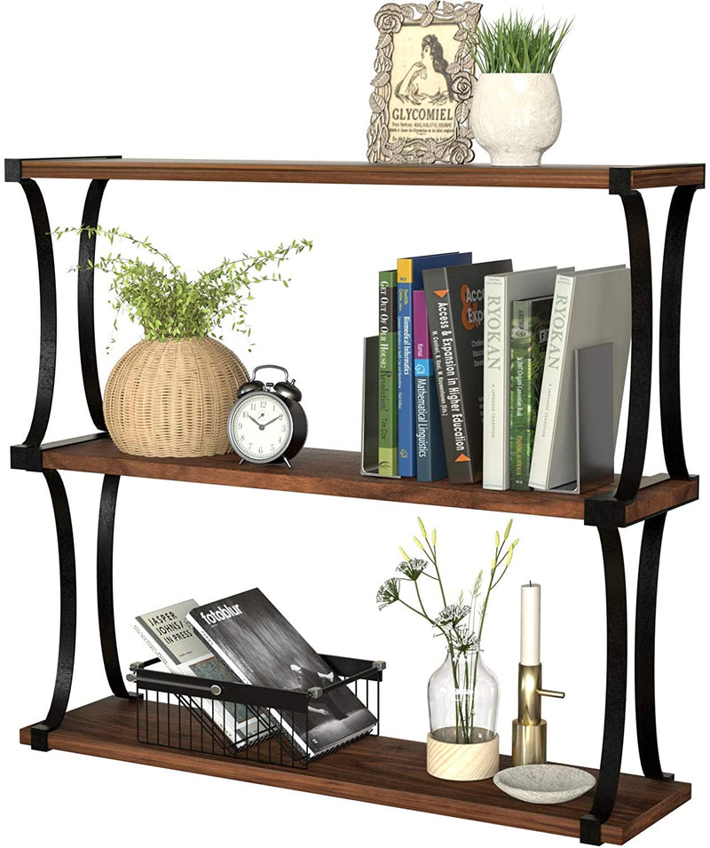 3 Tier Wood Floating Shelves with Curved Metal Brackets