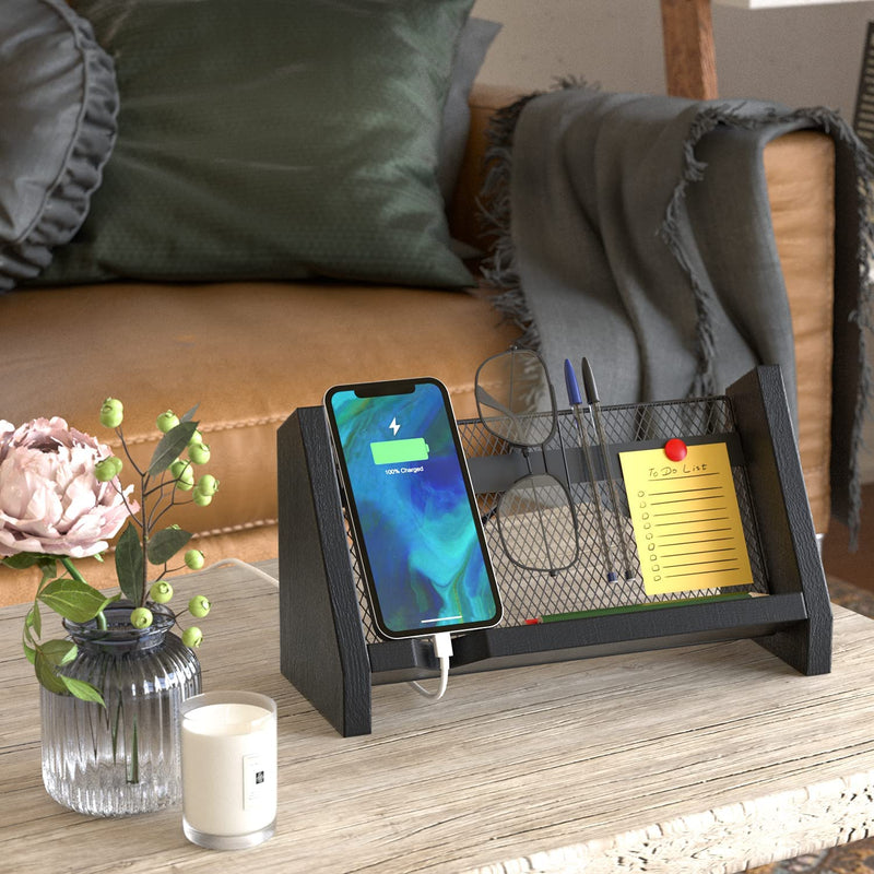 Black Wood with Wire Mesh Phone Docking Station Holder Stand