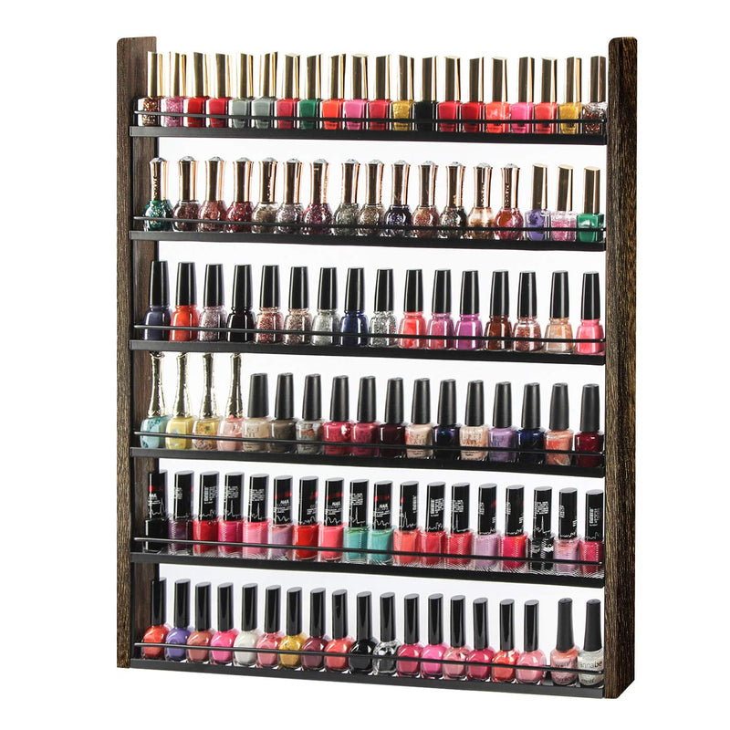 6 Tier Torched Wood Nail Polish Holder with Guard (Holds 100 Bottles)