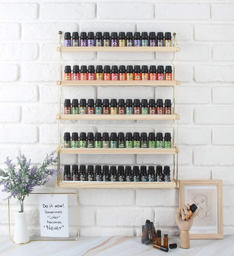 5 Tier Wall Mount Gold Metal and Wood Essential Oil Organizer
