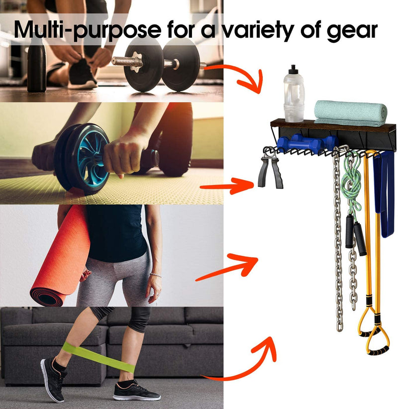 Gym Storage Rack with Wooden Shelf & 9 Hooks
