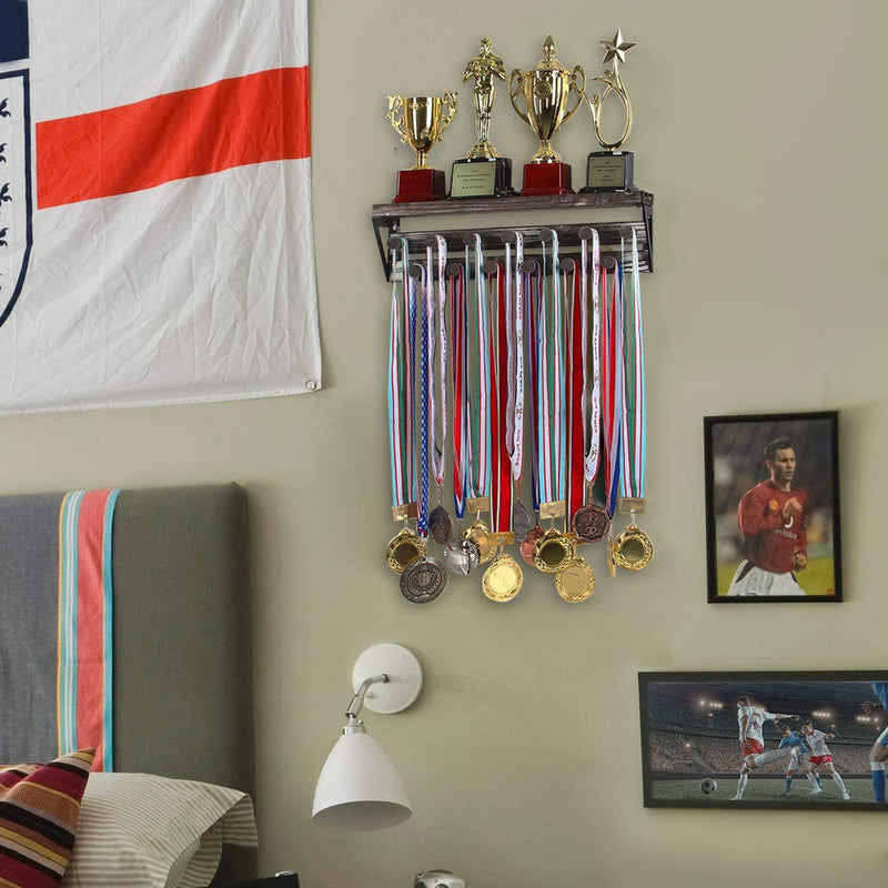 Rustic Trophy Display Shelf with 13 Medal Hangers