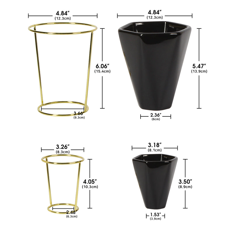 Set of 2 Black Modern Taletop Gold Metal Ceramic Plant Vase Stand