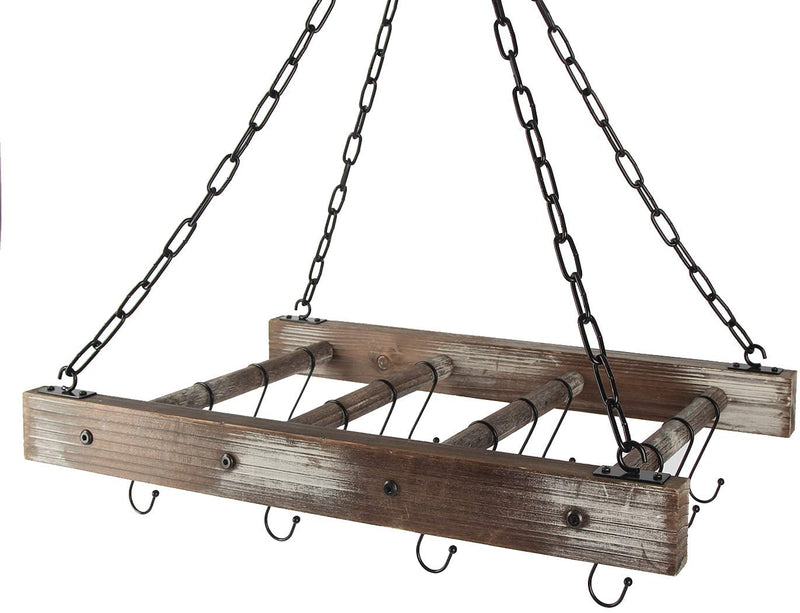 Rustic Wood Pot Pan Ceiling Rack with 16 Hooks