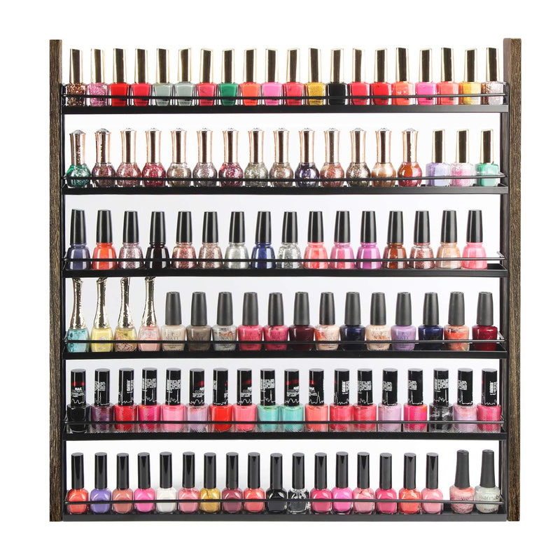 6 Tier Torched Wood Nail Polish Holder with Guard (Holds 100 Bottles)
