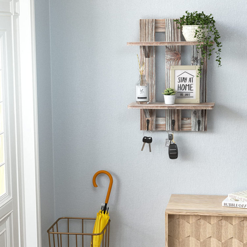 2 Tier Wood Floating Pallet Shelves with 3 Hooks