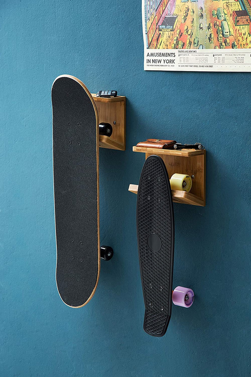 Wall Mount Bamboo Skateboard Holder with Shelf