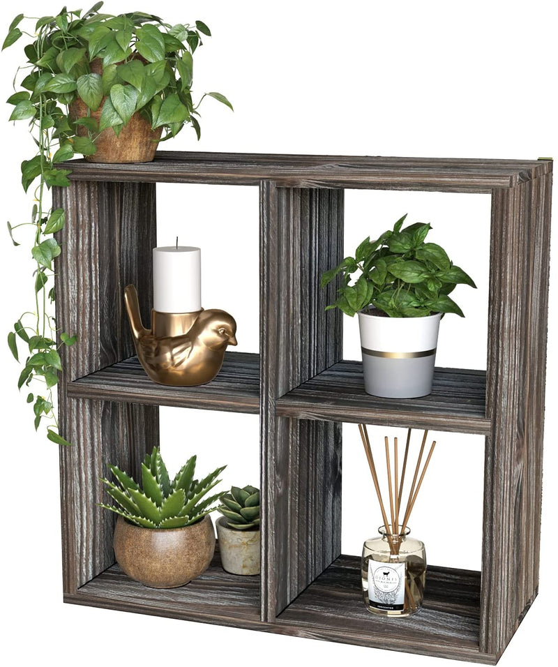 Farmhouse Wooden Bathroom Shelves with 4 Cube Storage & 2 White Baskets