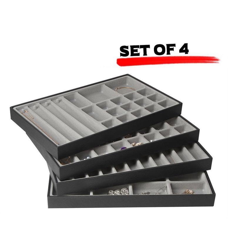 Set of 4 Different Stackable Synthetic Leather Jewelry Tray (Black)